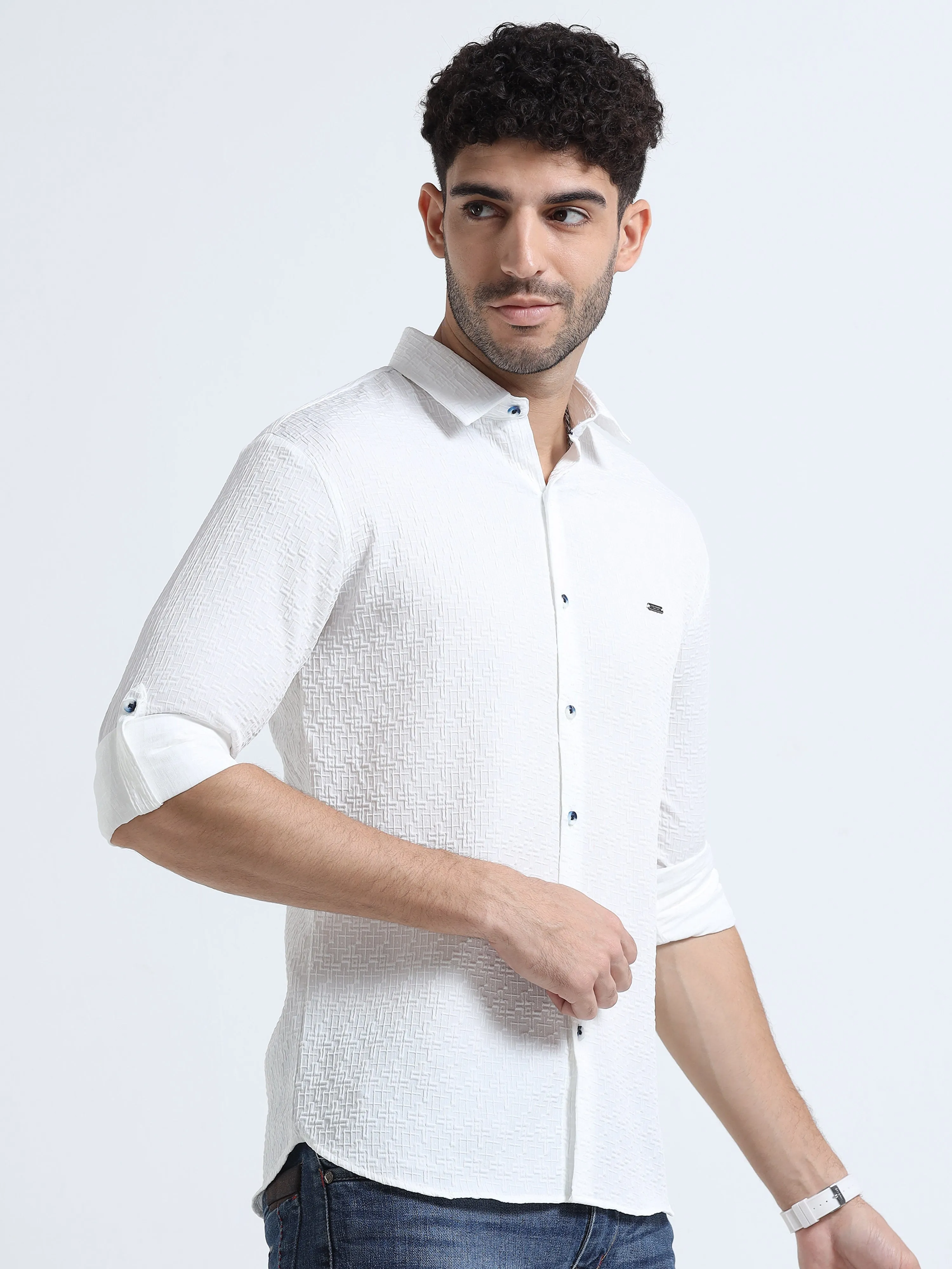 Men's White Slim Fit Solid Popcorn Full Sleeve Casual Shirt