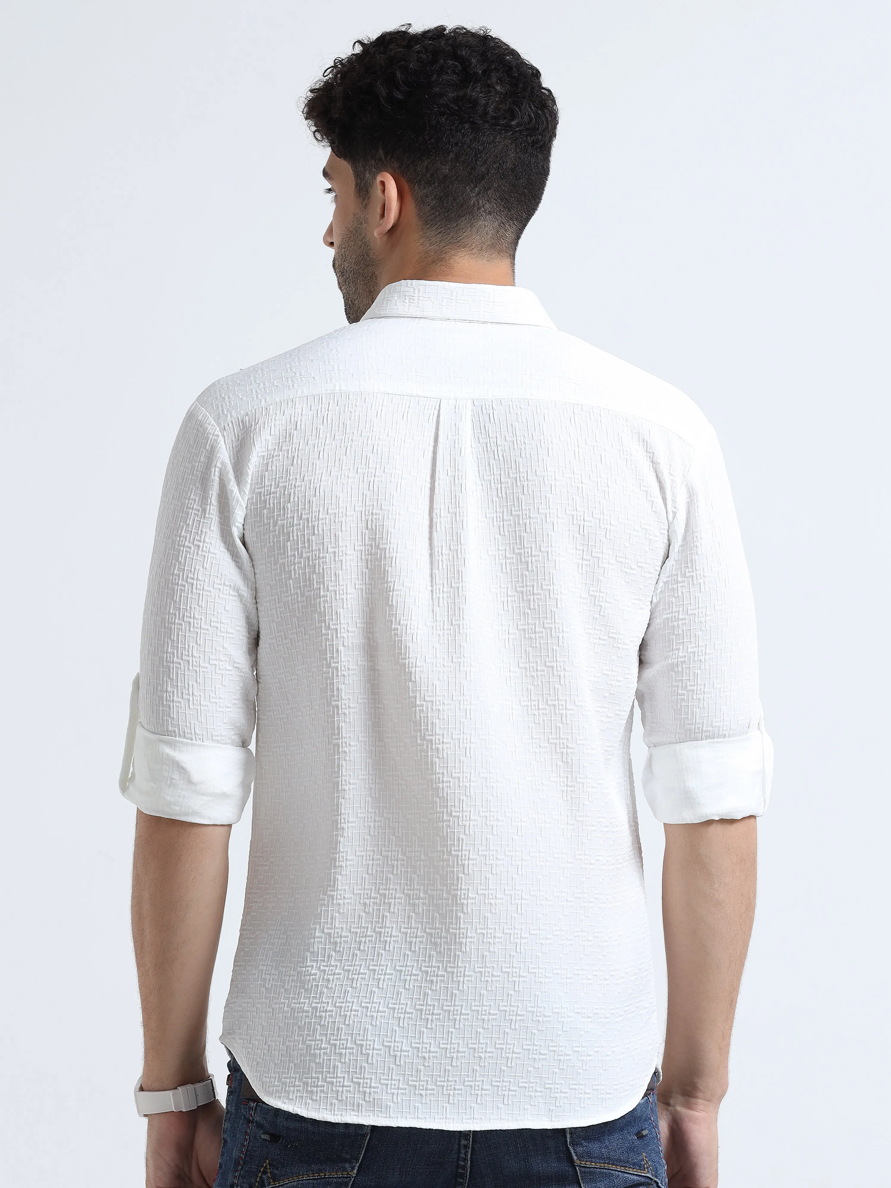 Men's White Slim Fit Solid Popcorn Full Sleeve Casual Shirt