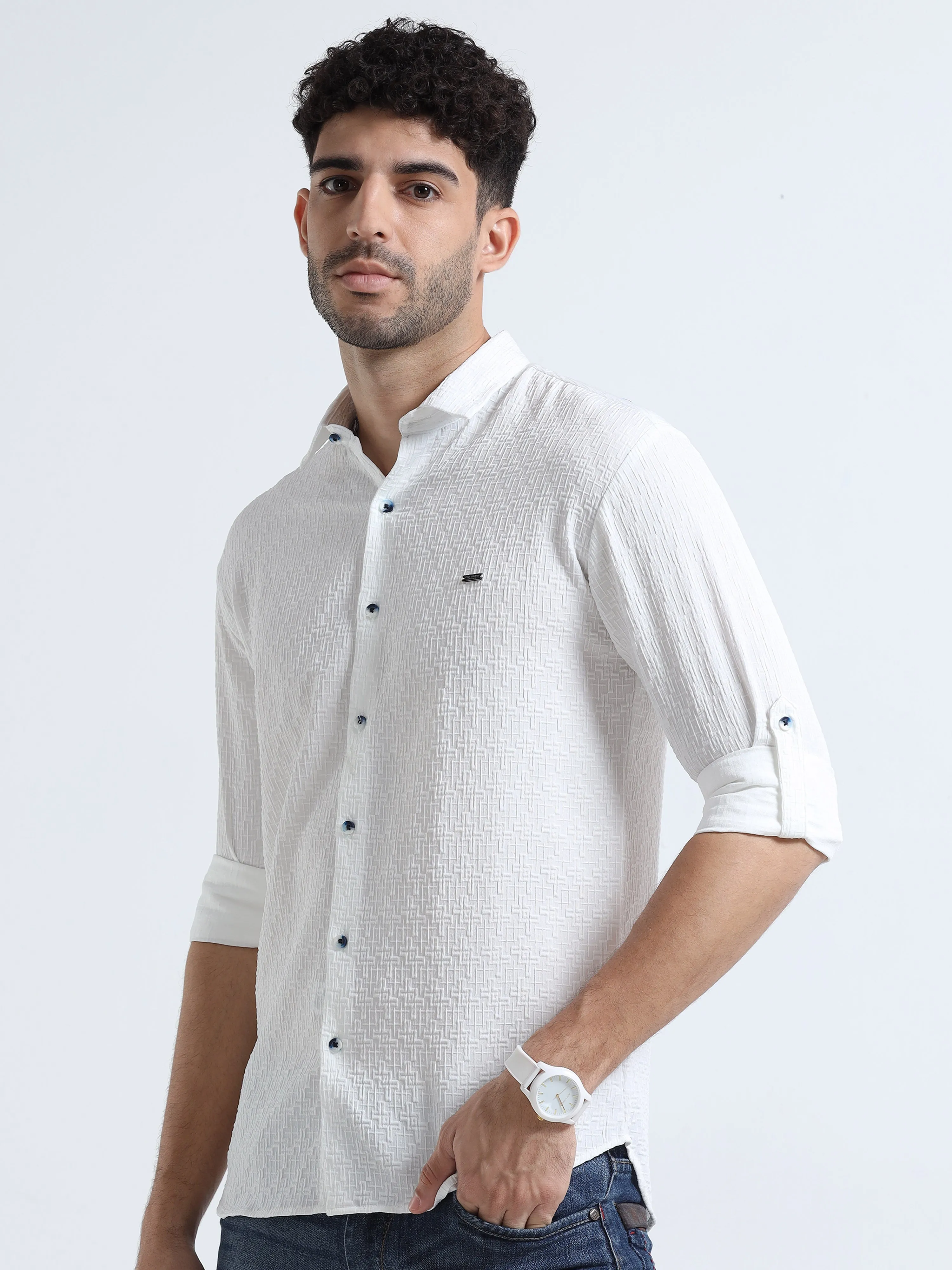 Men's White Slim Fit Solid Popcorn Full Sleeve Casual Shirt