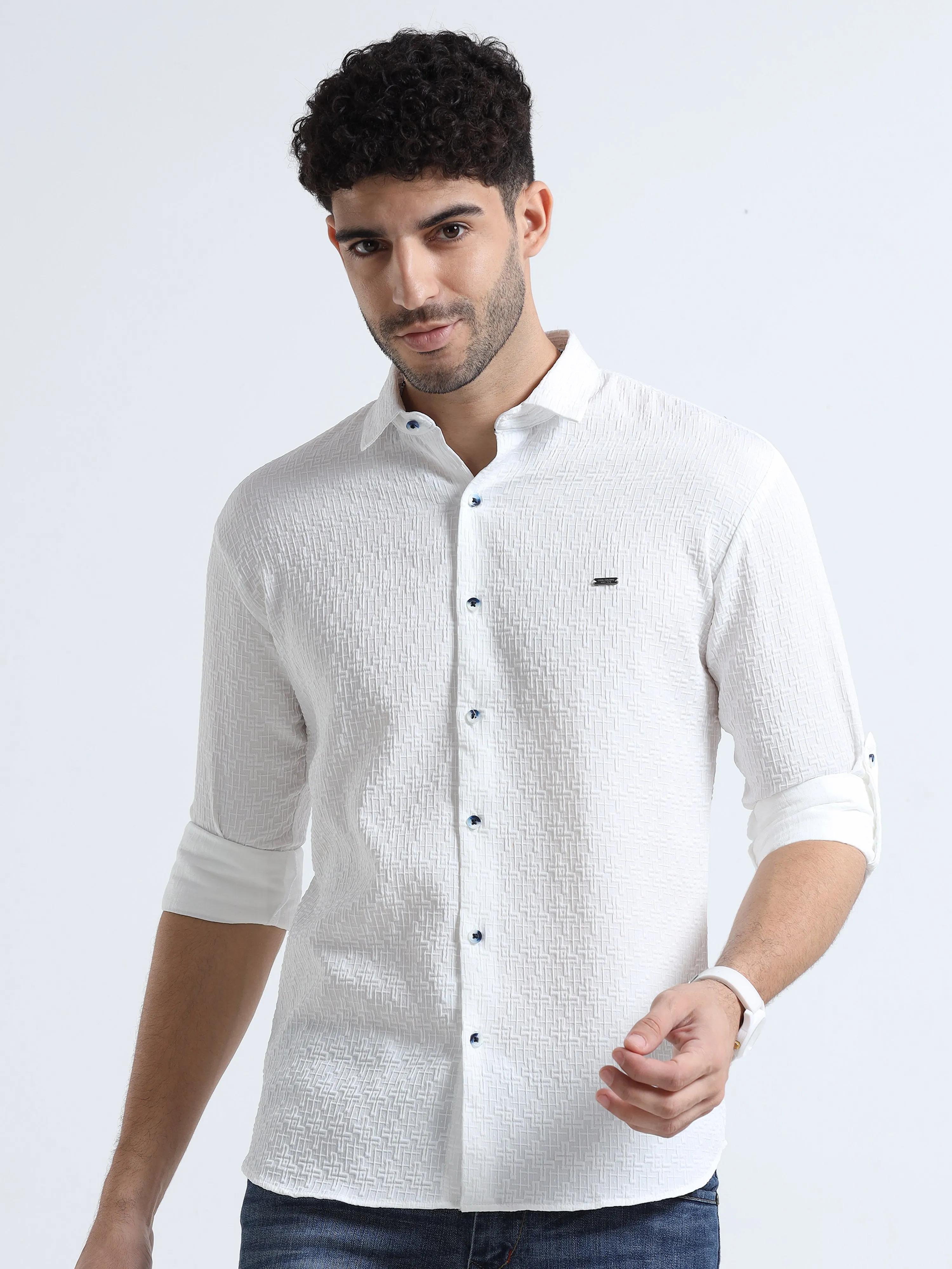 Men's White Slim Fit Solid Popcorn Full Sleeve Casual Shirt