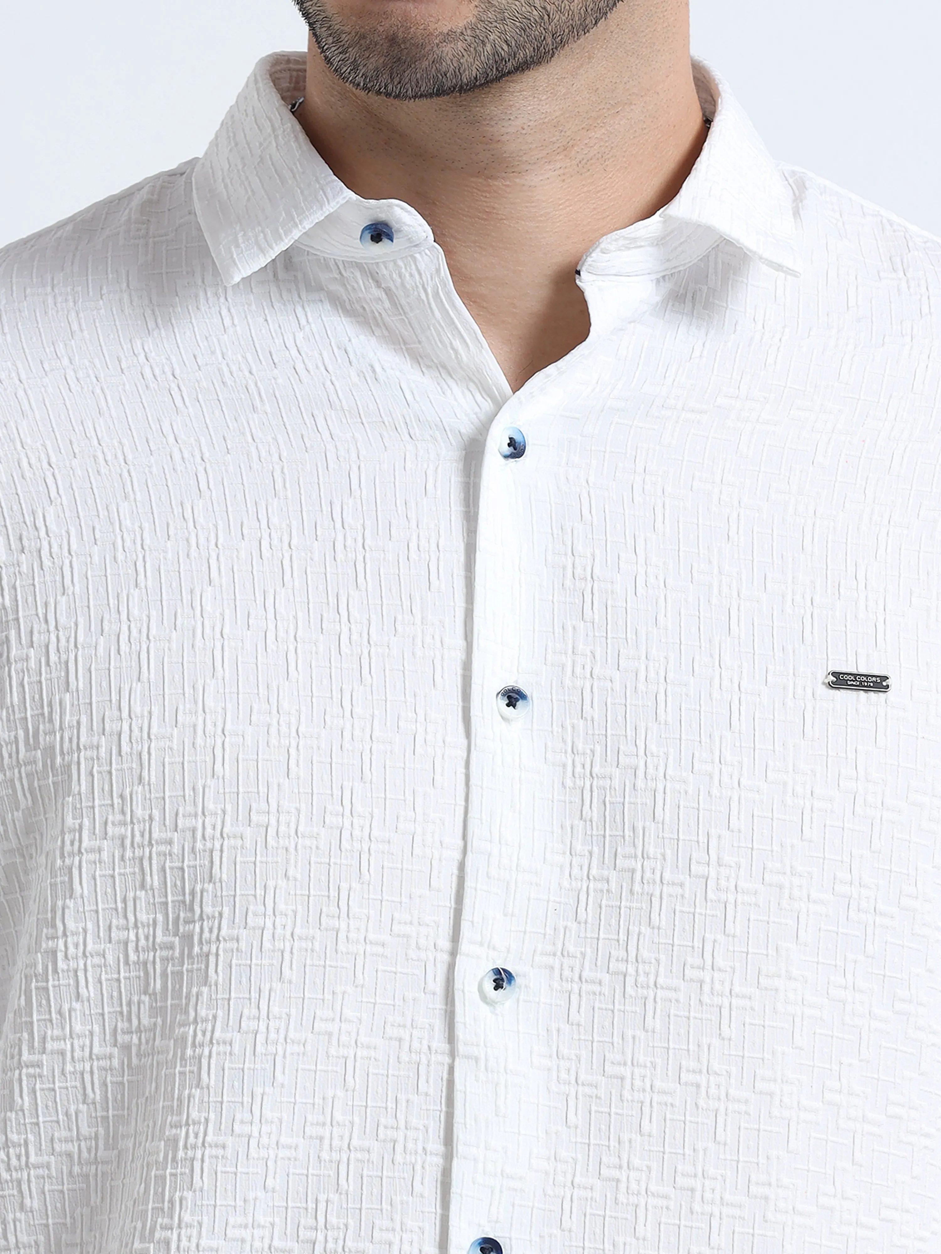 Men's White Slim Fit Solid Popcorn Full Sleeve Casual Shirt