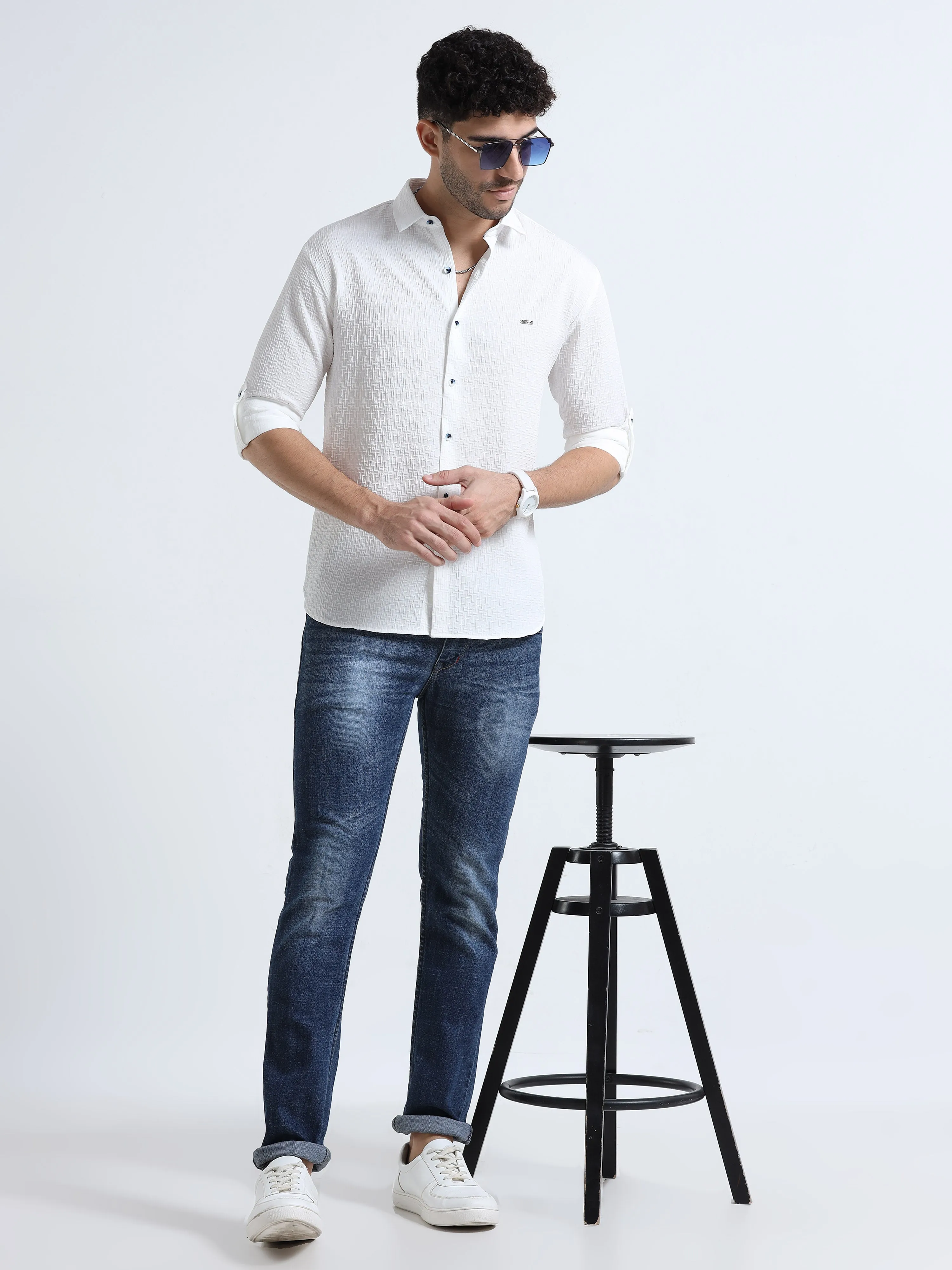 Men's White Slim Fit Solid Popcorn Full Sleeve Casual Shirt