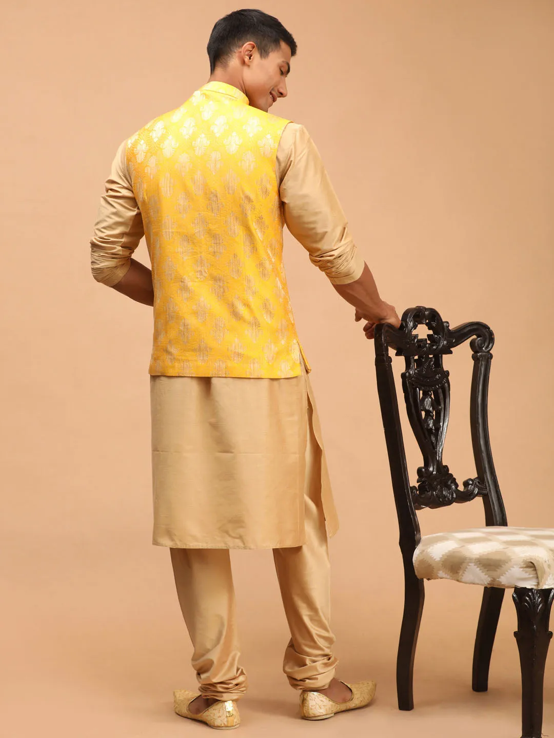 Men's Yellow And Rose Gold Viscose Jacket, Kurta And Pyjama Set - Shrestha By Vastramay