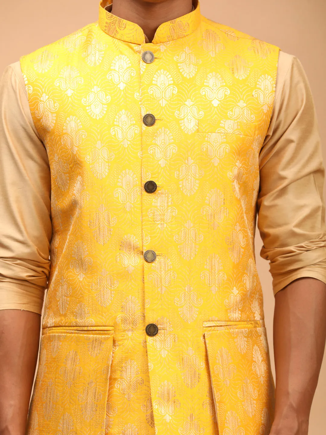 Men's Yellow And Rose Gold Viscose Jacket, Kurta And Pyjama Set - Shrestha By Vastramay