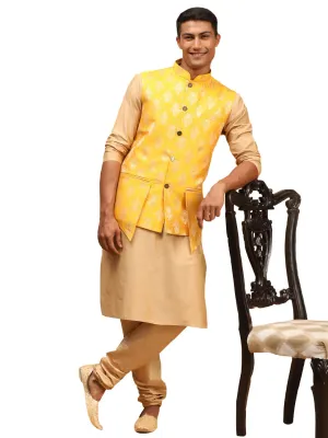Men's Yellow And Rose Gold Viscose Jacket, Kurta And Pyjama Set - Shrestha By Vastramay