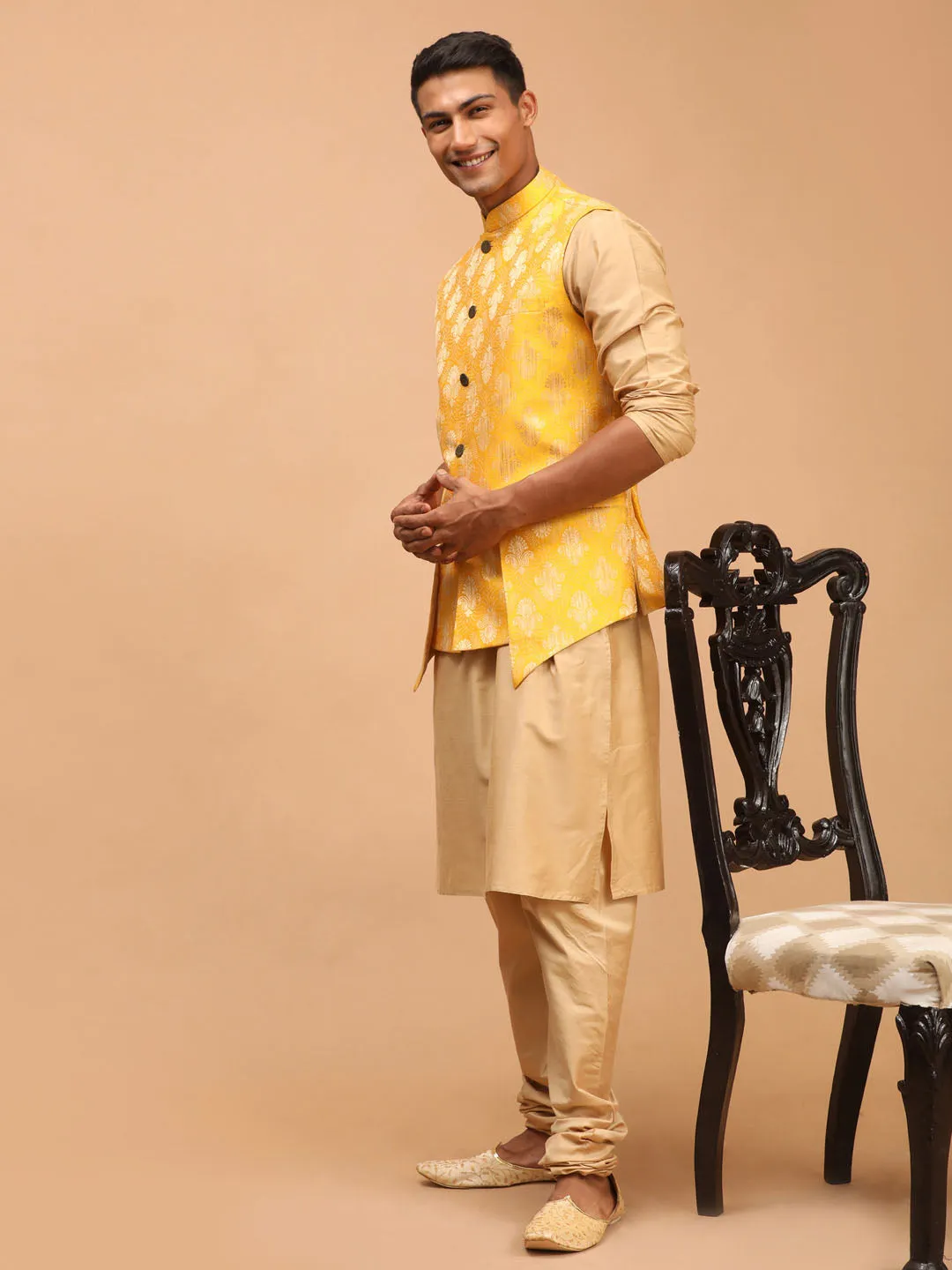 Men's Yellow And Rose Gold Viscose Jacket, Kurta And Pyjama Set - Shrestha By Vastramay