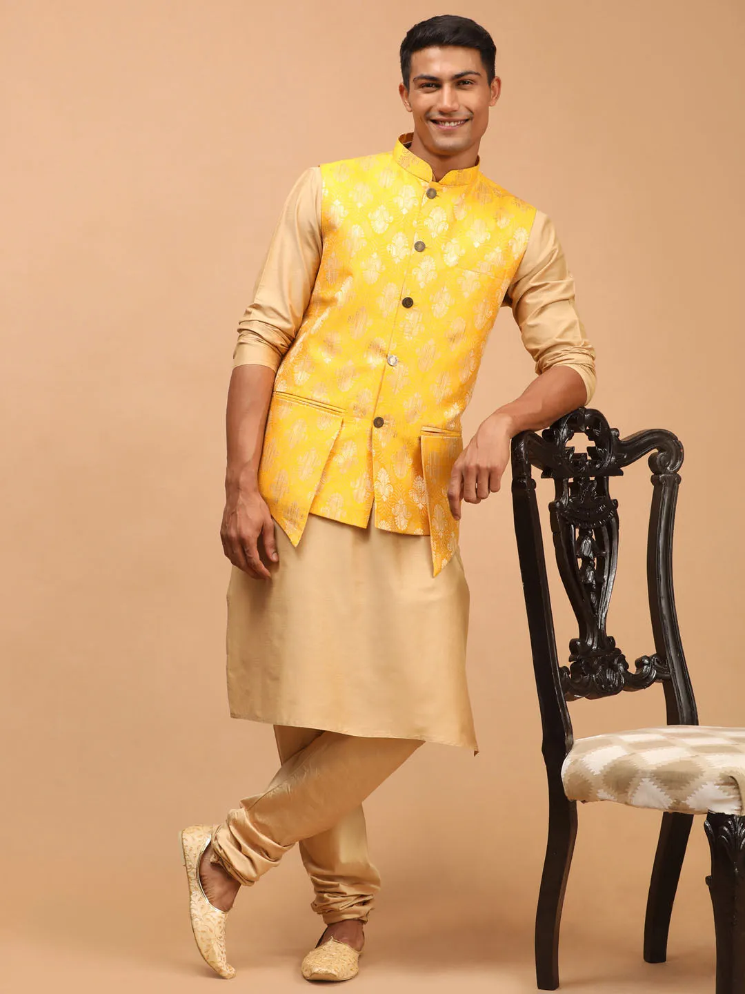 Men's Yellow And Rose Gold Viscose Jacket, Kurta And Pyjama Set - Shrestha By Vastramay
