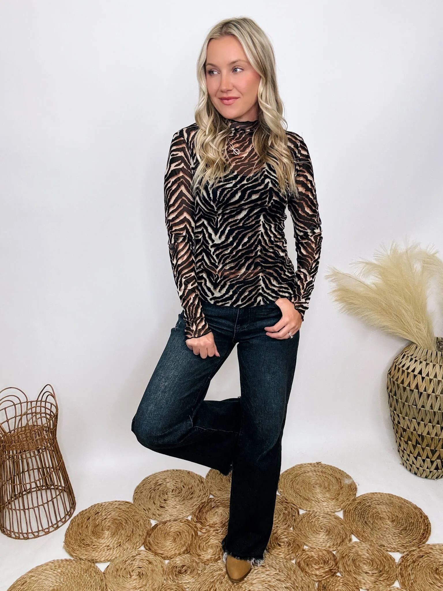 Mesh Zebra Print Sheer Long Sleeve Top