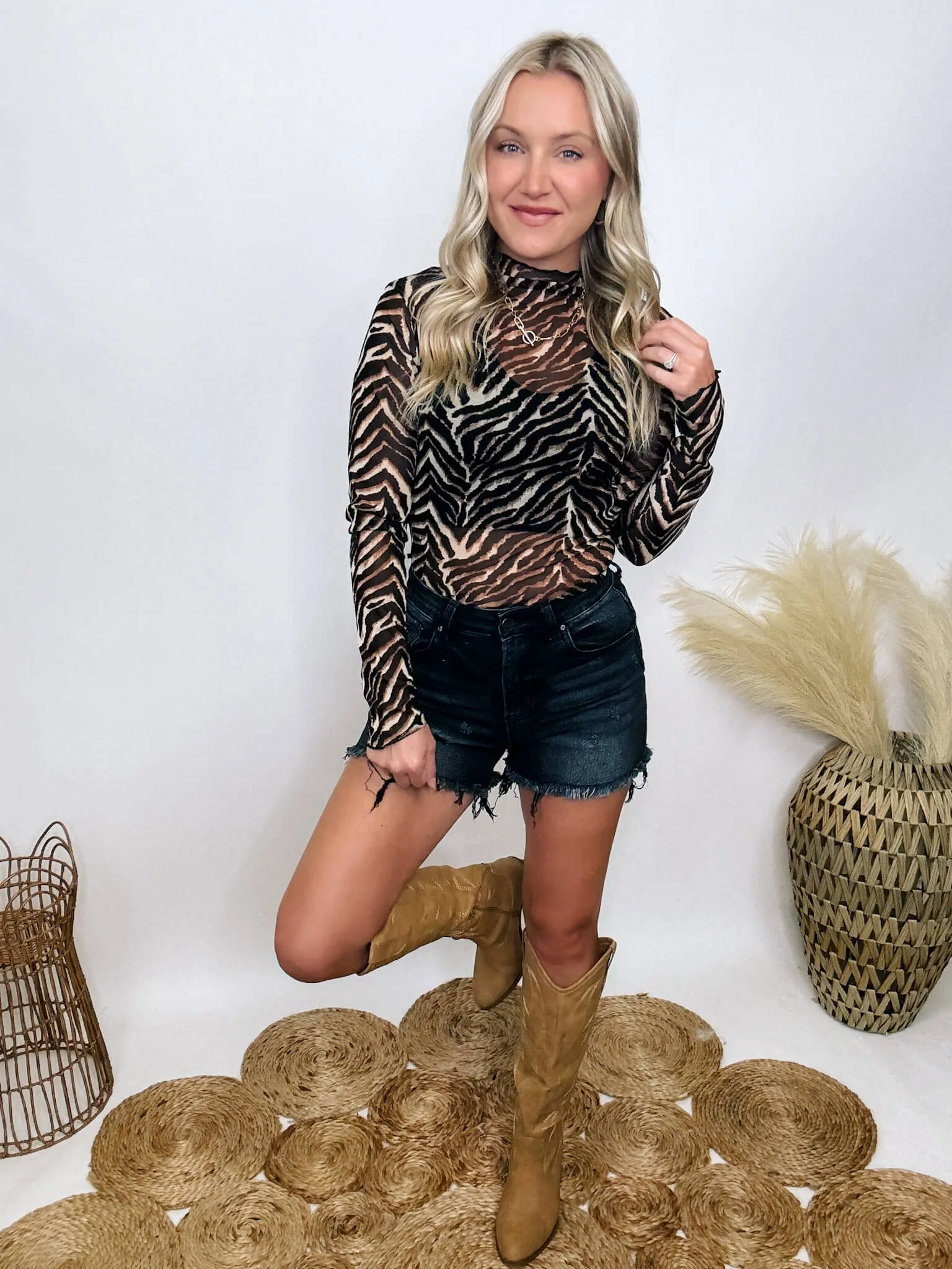 Mesh Zebra Print Sheer Long Sleeve Top