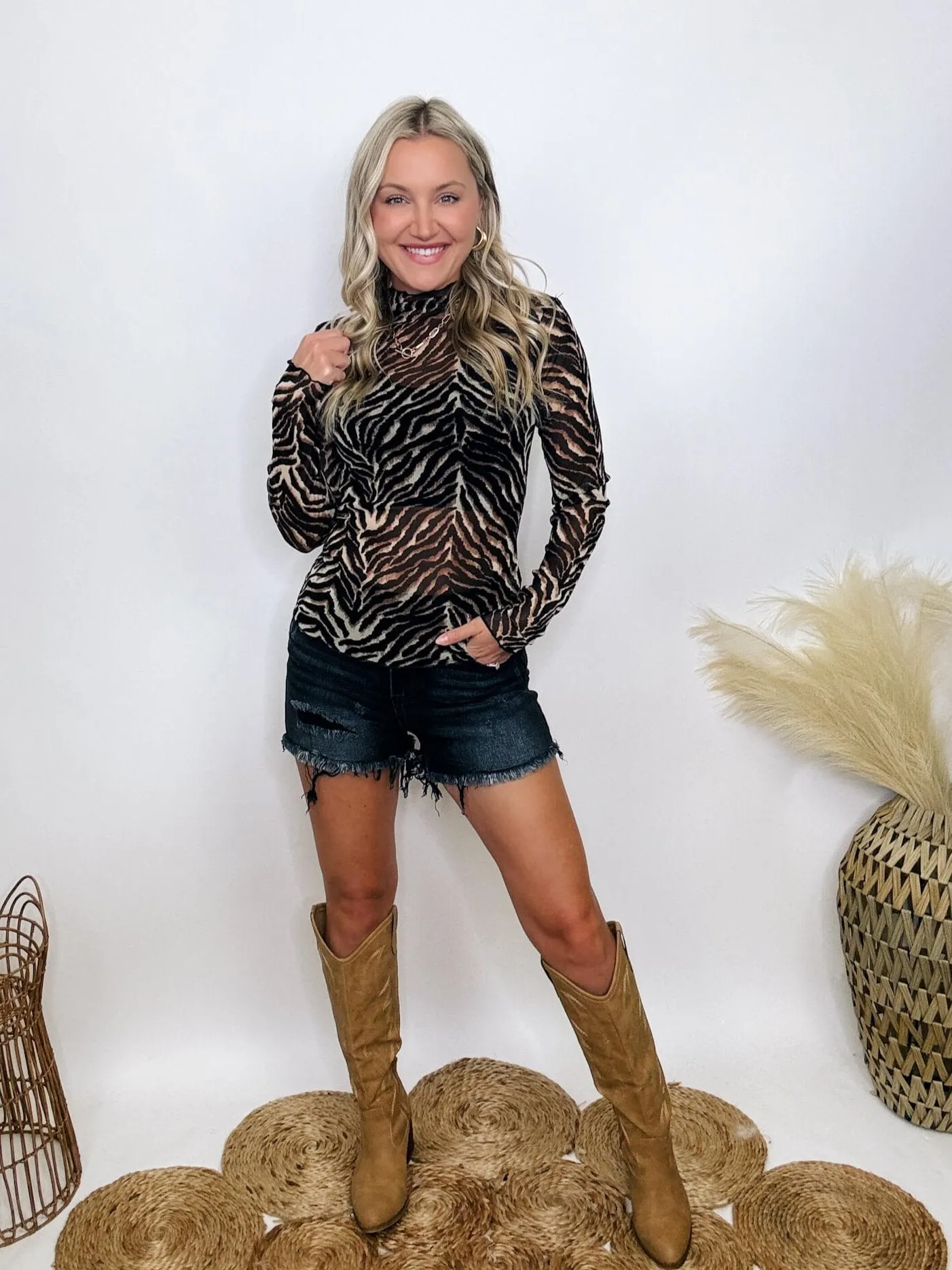 Mesh Zebra Print Sheer Long Sleeve Top