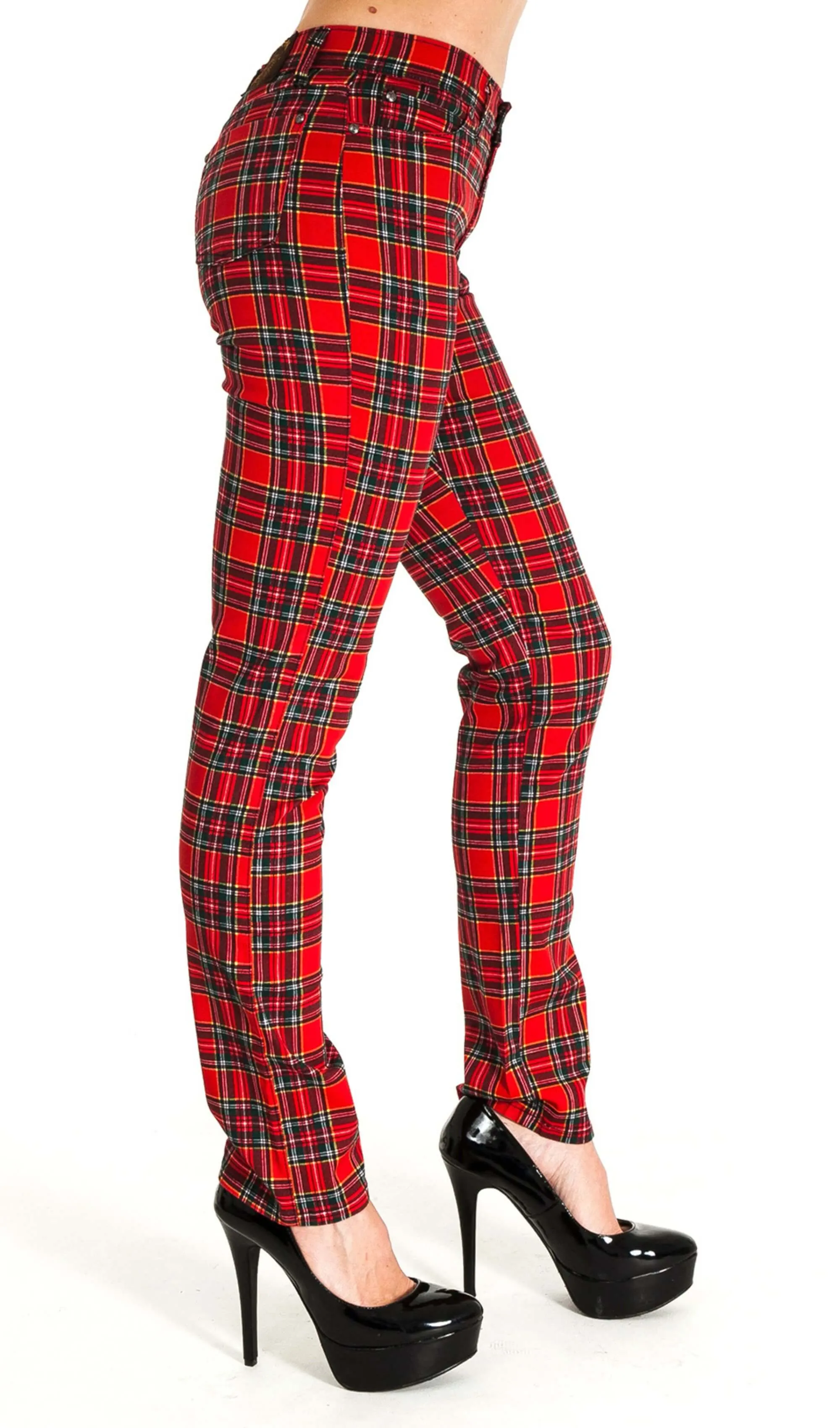 Mid Rise Red Tartan Stretch Skinny Jeans