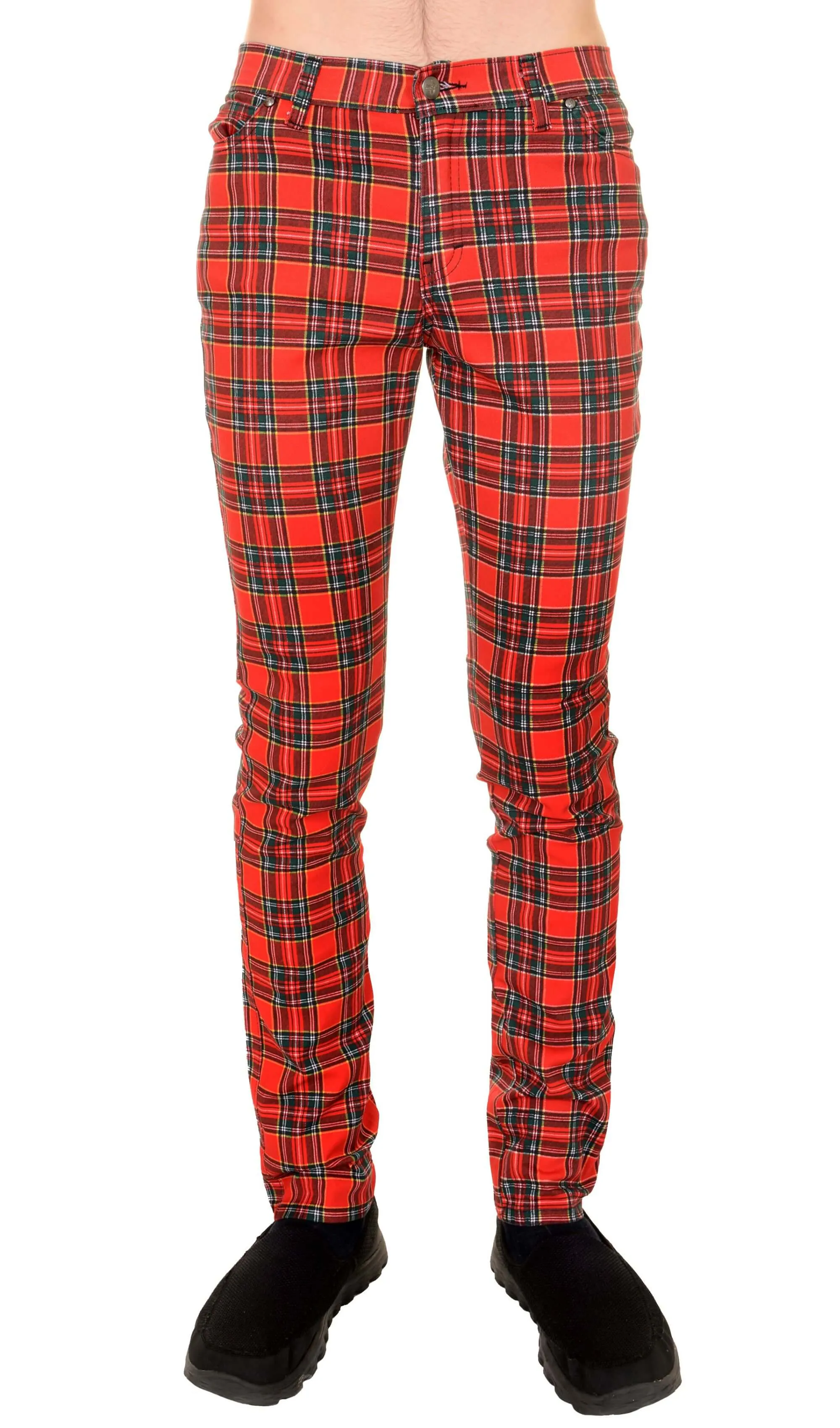 Mid Rise Red Tartan Stretch Skinny Jeans