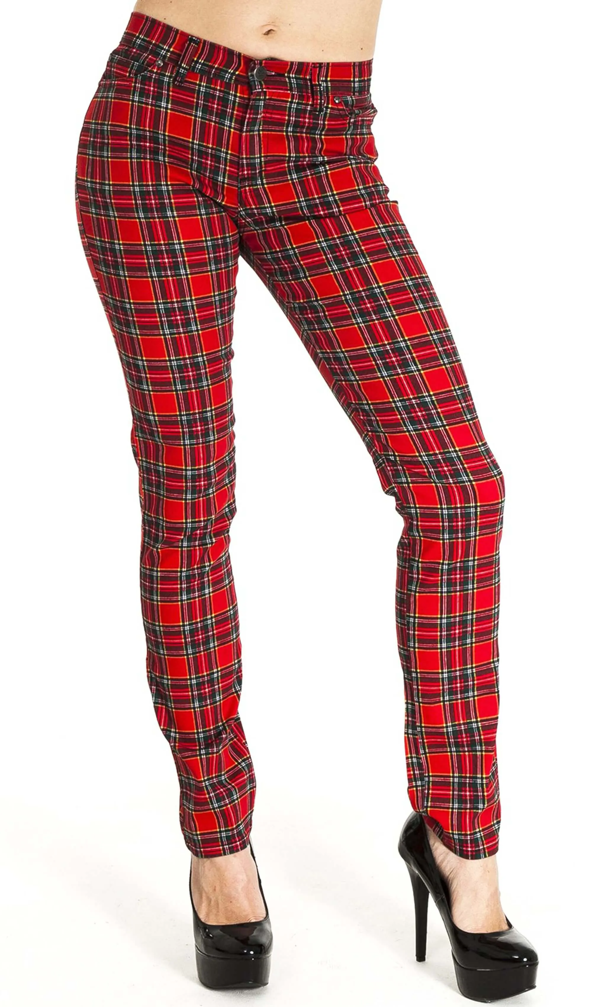 Mid Rise Red Tartan Stretch Skinny Jeans