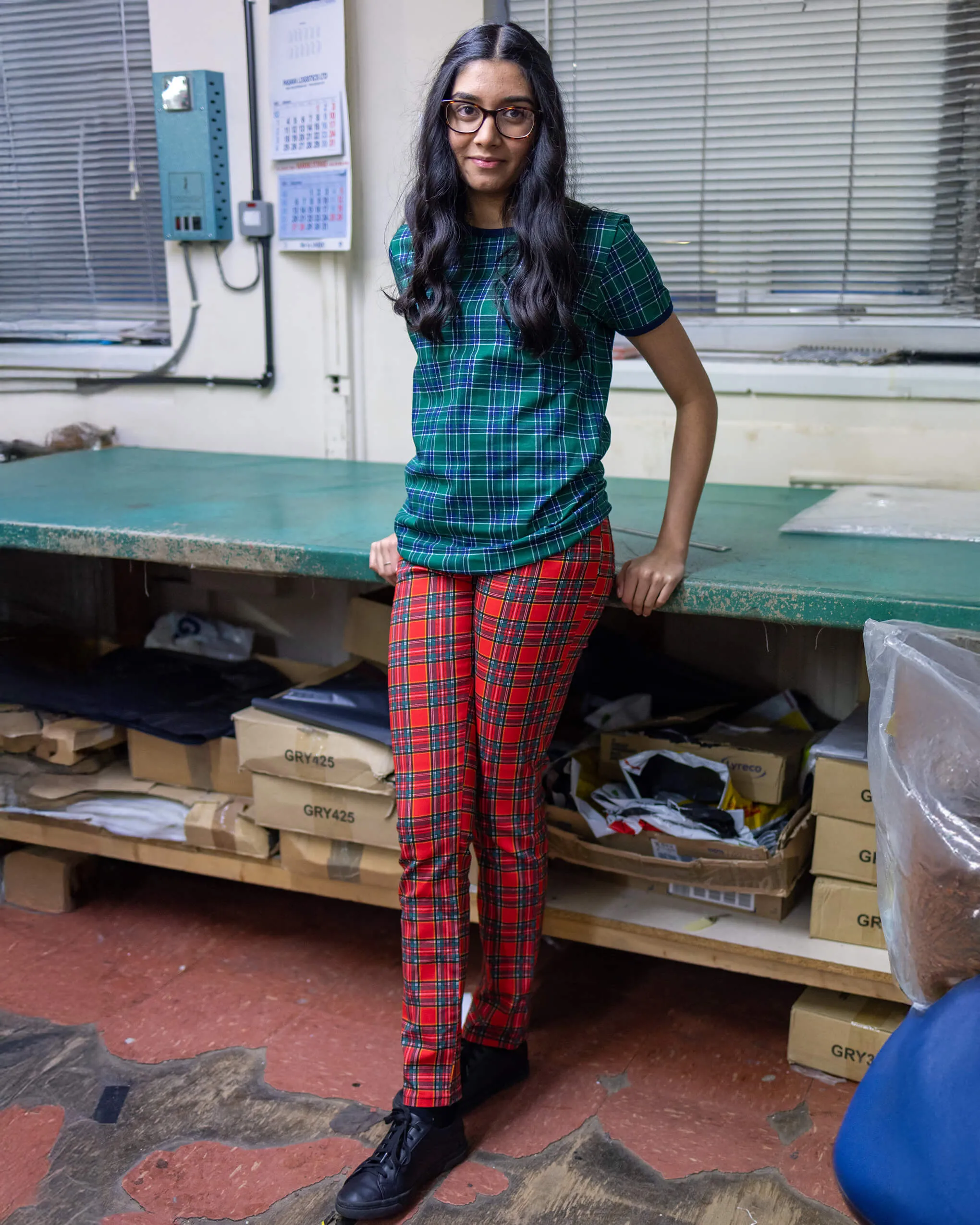 Mid Rise Red Tartan Stretch Skinny Jeans