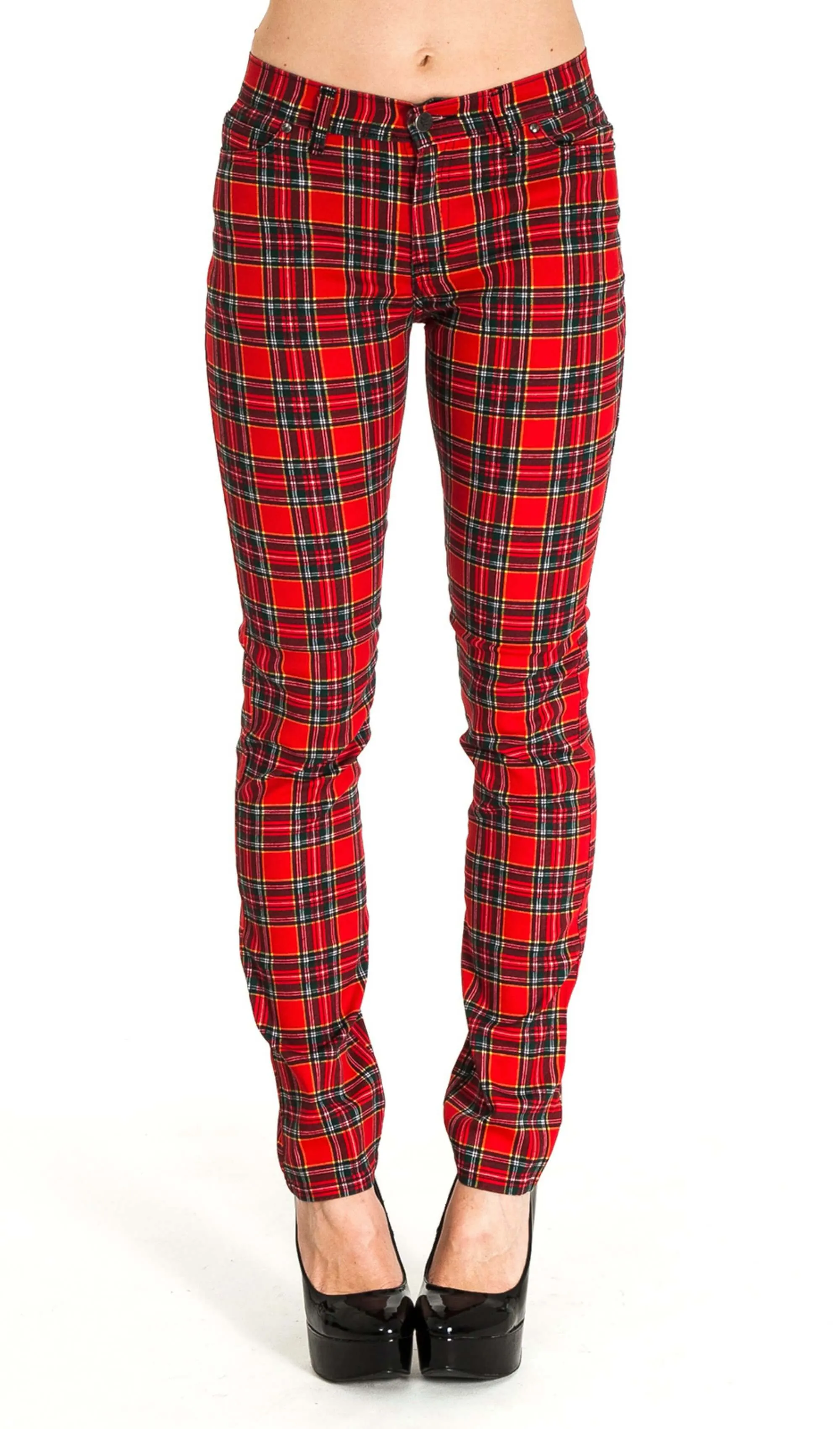 Mid Rise Red Tartan Stretch Skinny Jeans