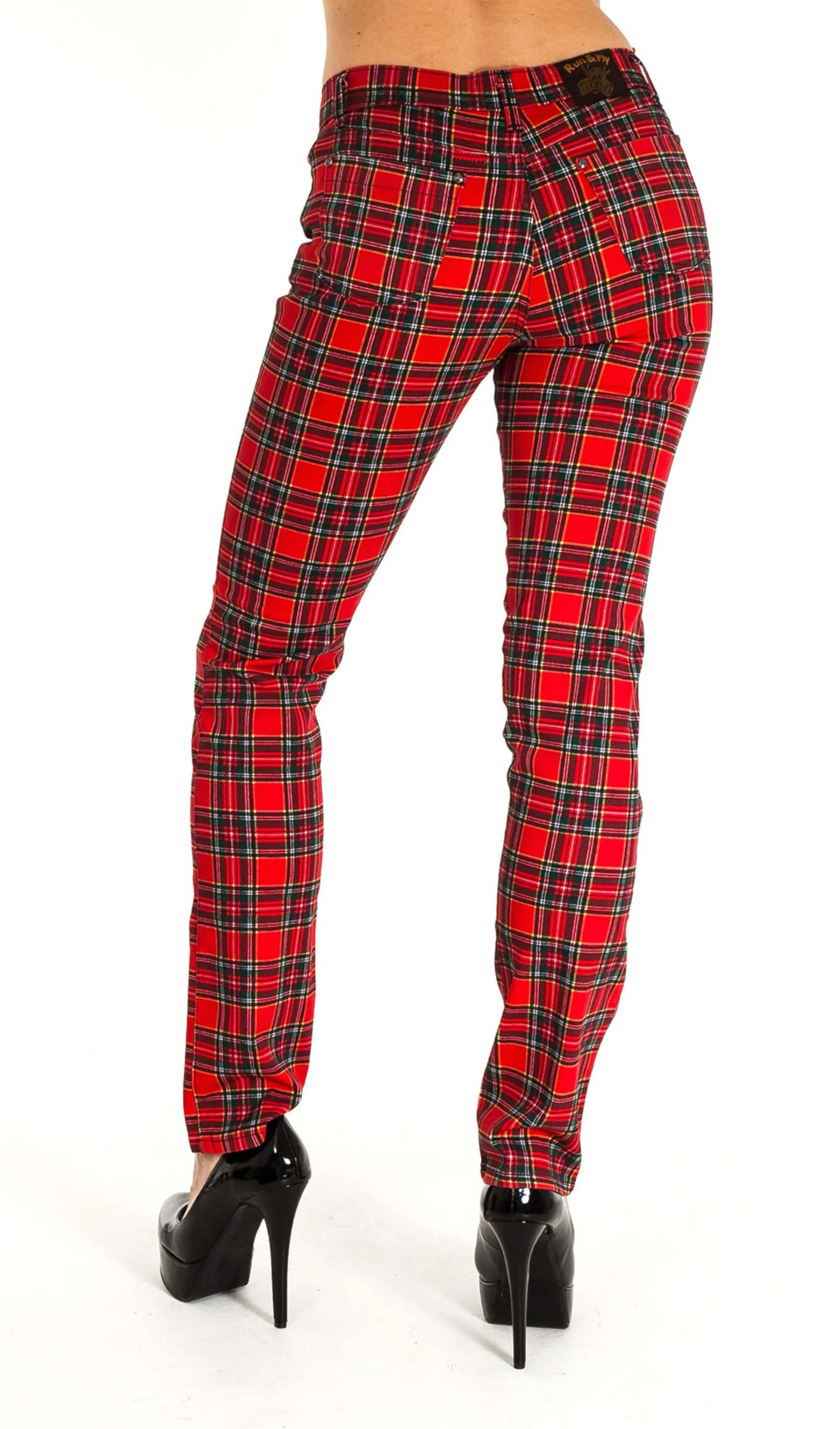 Mid Rise Red Tartan Stretch Skinny Jeans