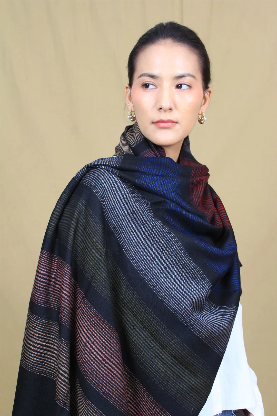 Mimosa Black Multi Colour Strips Cashmere stole