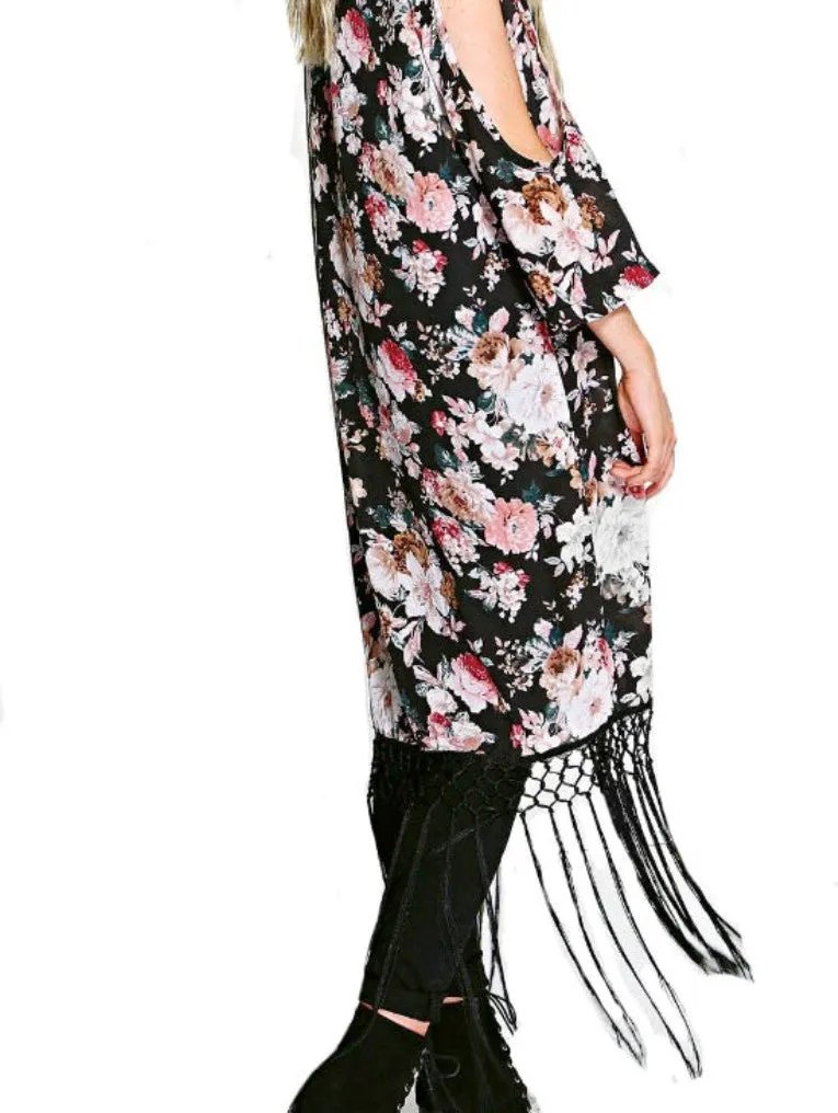 Misty Cold Shoulder Tassel Kimono