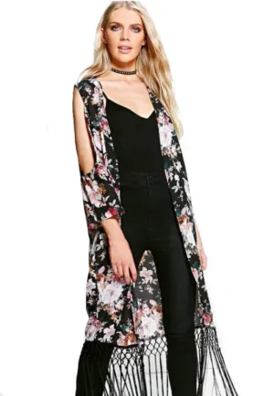 Misty Cold Shoulder Tassel Kimono