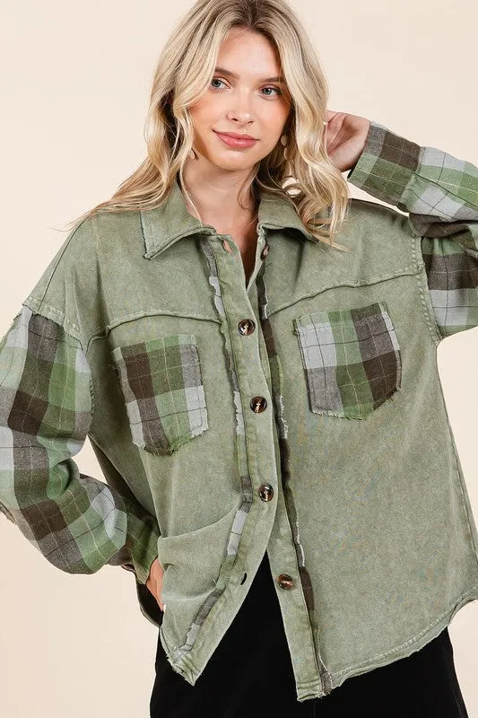 Mittoshop Green Plaid Patchwork Button Down Shacket