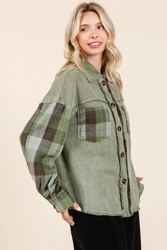 Mittoshop Green Plaid Patchwork Button Down Shacket