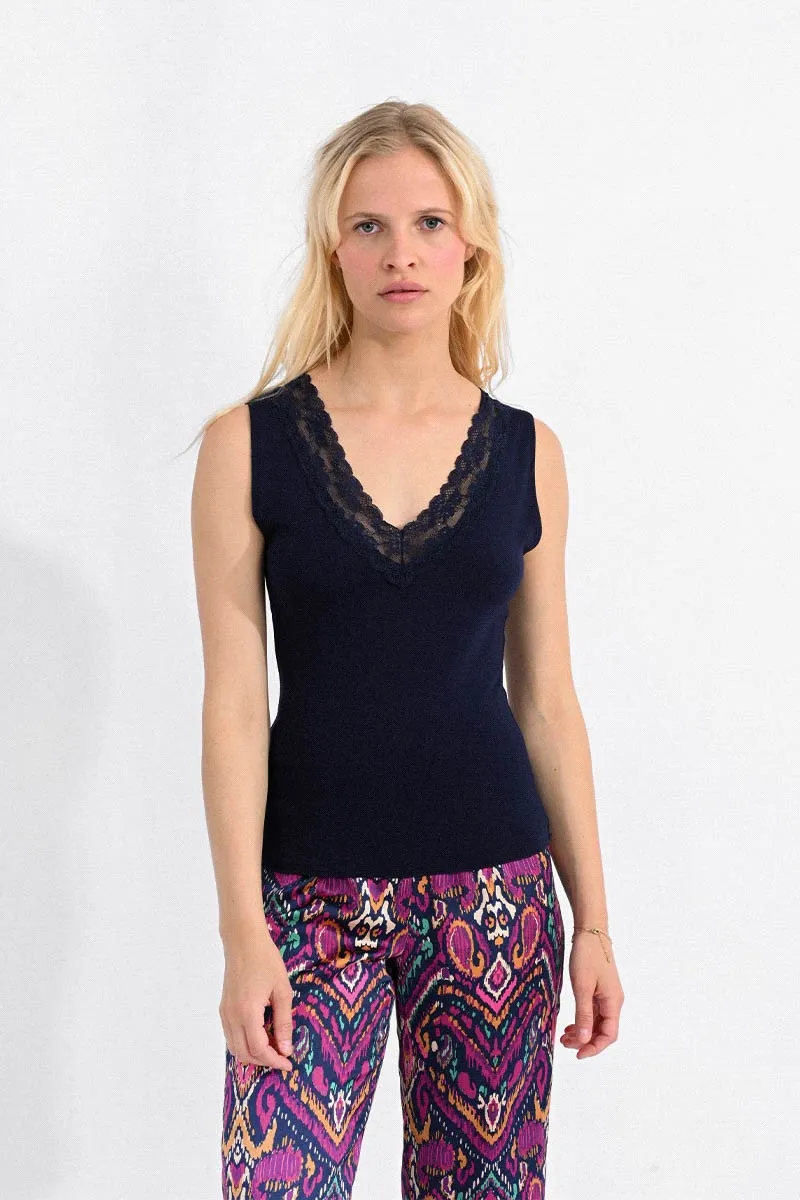 Molly Bracken Navy Blue Lace V-Neck Tank Top