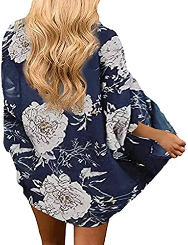 Naivikid Women's Summer Floral Print Kimonos Loose Half Sleeve Chiffon Cardigan Blouses Casual Cover Up White Red Flowers L