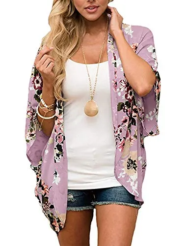 Naivikid Women's Summer Floral Print Kimonos Loose Half Sleeve Chiffon Cardigan Blouses Casual Cover Up White Red Flowers L