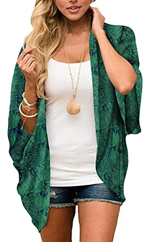 Naivikid Women's Summer Floral Print Kimonos Loose Half Sleeve Chiffon Cardigan Blouses Casual Cover Up White Red Flowers L