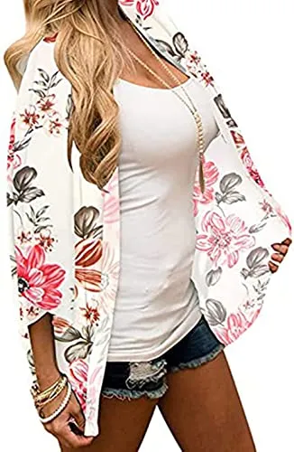Naivikid Women's Summer Floral Print Kimonos Loose Half Sleeve Chiffon Cardigan Blouses Casual Cover Up White Red Flowers L