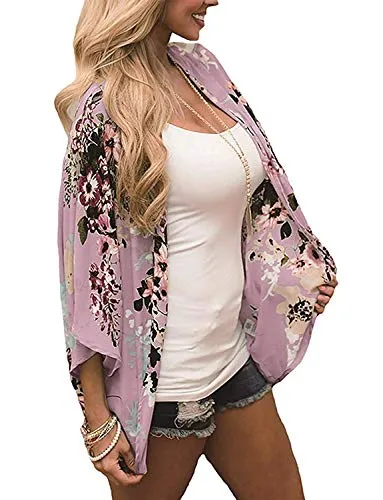 Naivikid Women's Summer Floral Print Kimonos Loose Half Sleeve Chiffon Cardigan Blouses Casual Cover Up White Red Flowers L