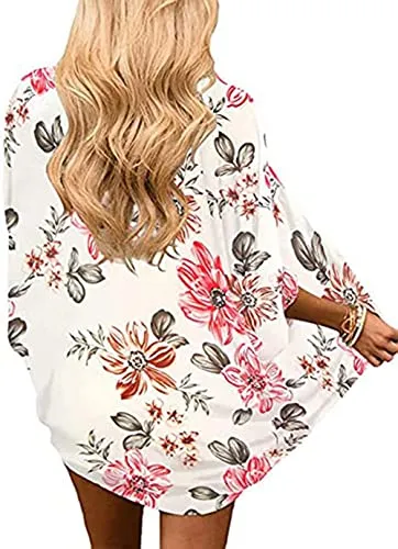 Naivikid Women's Summer Floral Print Kimonos Loose Half Sleeve Chiffon Cardigan Blouses Casual Cover Up White Red Flowers L