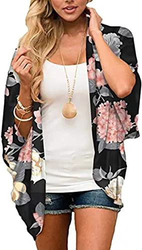 Naivikid Women's Summer Floral Print Kimonos Loose Half Sleeve Chiffon Cardigan Blouses Casual Cover Up White Red Flowers L