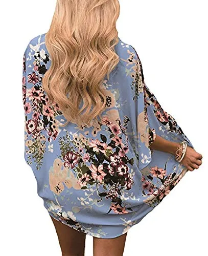 Naivikid Women's Summer Floral Print Kimonos Loose Half Sleeve Chiffon Cardigan Blouses Casual Cover Up White Red Flowers L
