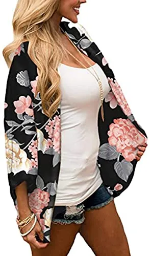 Naivikid Women's Summer Floral Print Kimonos Loose Half Sleeve Chiffon Cardigan Blouses Casual Cover Up White Red Flowers L