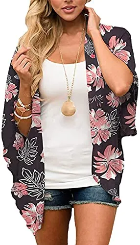 Naivikid Women's Summer Floral Print Kimonos Loose Half Sleeve Chiffon Cardigan Blouses Casual Cover Up White Red Flowers L