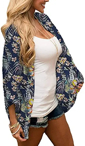 Naivikid Women's Summer Floral Print Kimonos Loose Half Sleeve Chiffon Cardigan Blouses Casual Cover Up White Red Flowers L