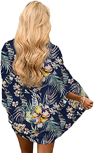 Naivikid Women's Summer Floral Print Kimonos Loose Half Sleeve Chiffon Cardigan Blouses Casual Cover Up White Red Flowers L