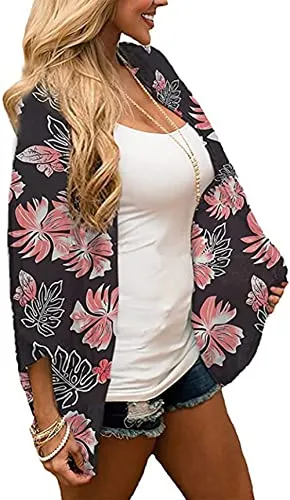 Naivikid Women's Summer Floral Print Kimonos Loose Half Sleeve Chiffon Cardigan Blouses Casual Cover Up White Red Flowers L