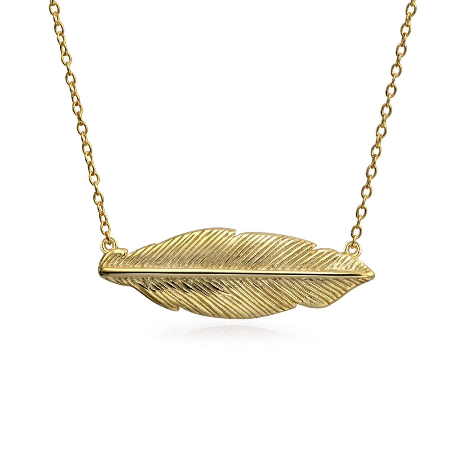 Native American Style Feather Leaf Pendant Necklace in 14K Gold Plated Silver