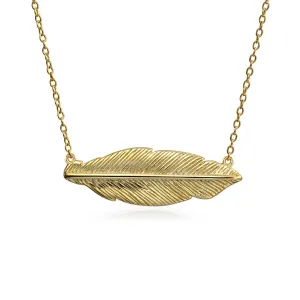 Native American Style Feather Leaf Pendant Necklace in 14K Gold Plated Silver