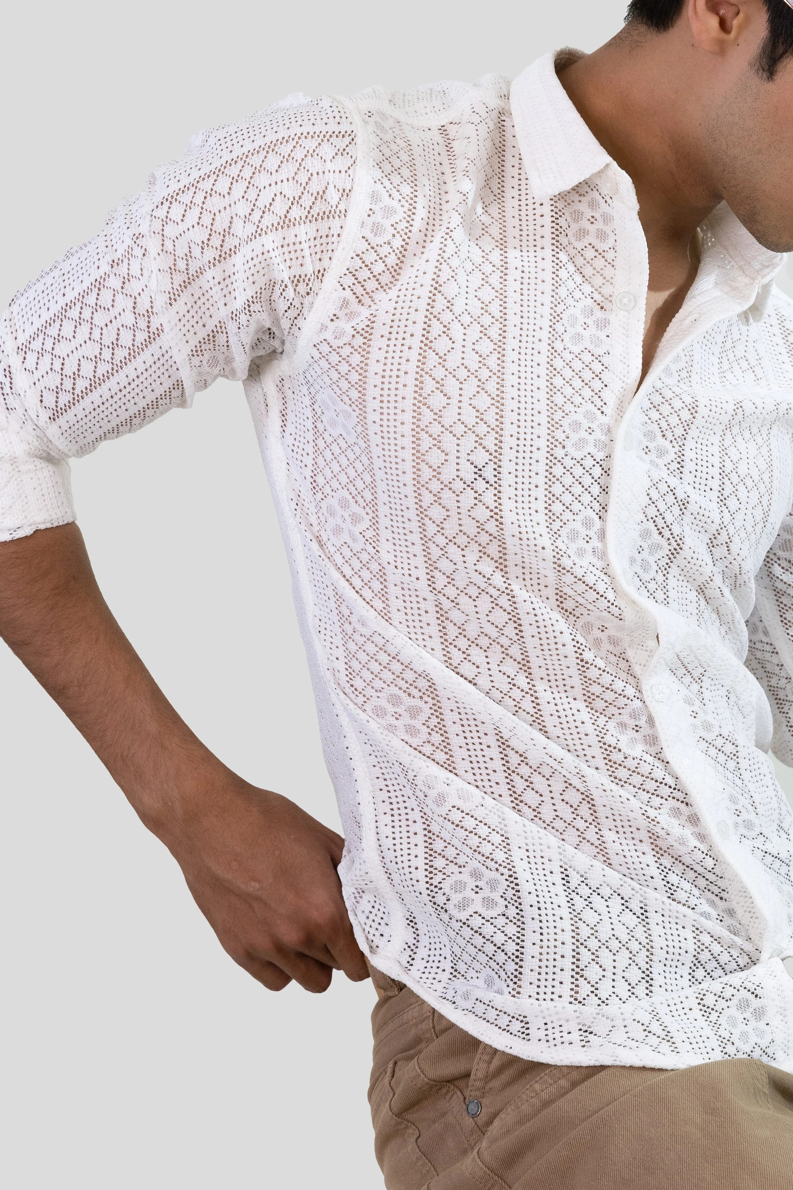 Net Weave Knitted Shirt - White