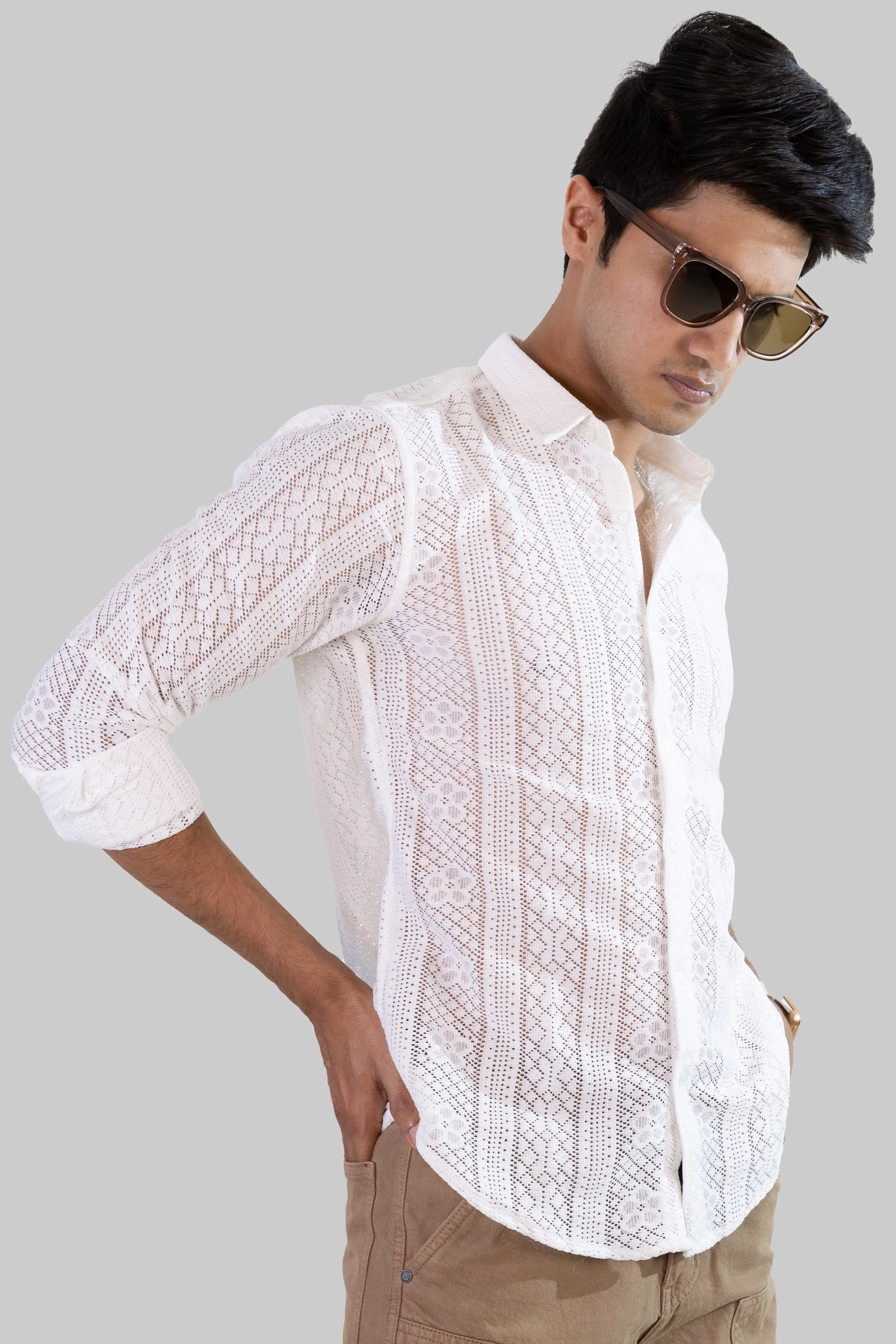 Net Weave Knitted Shirt - White