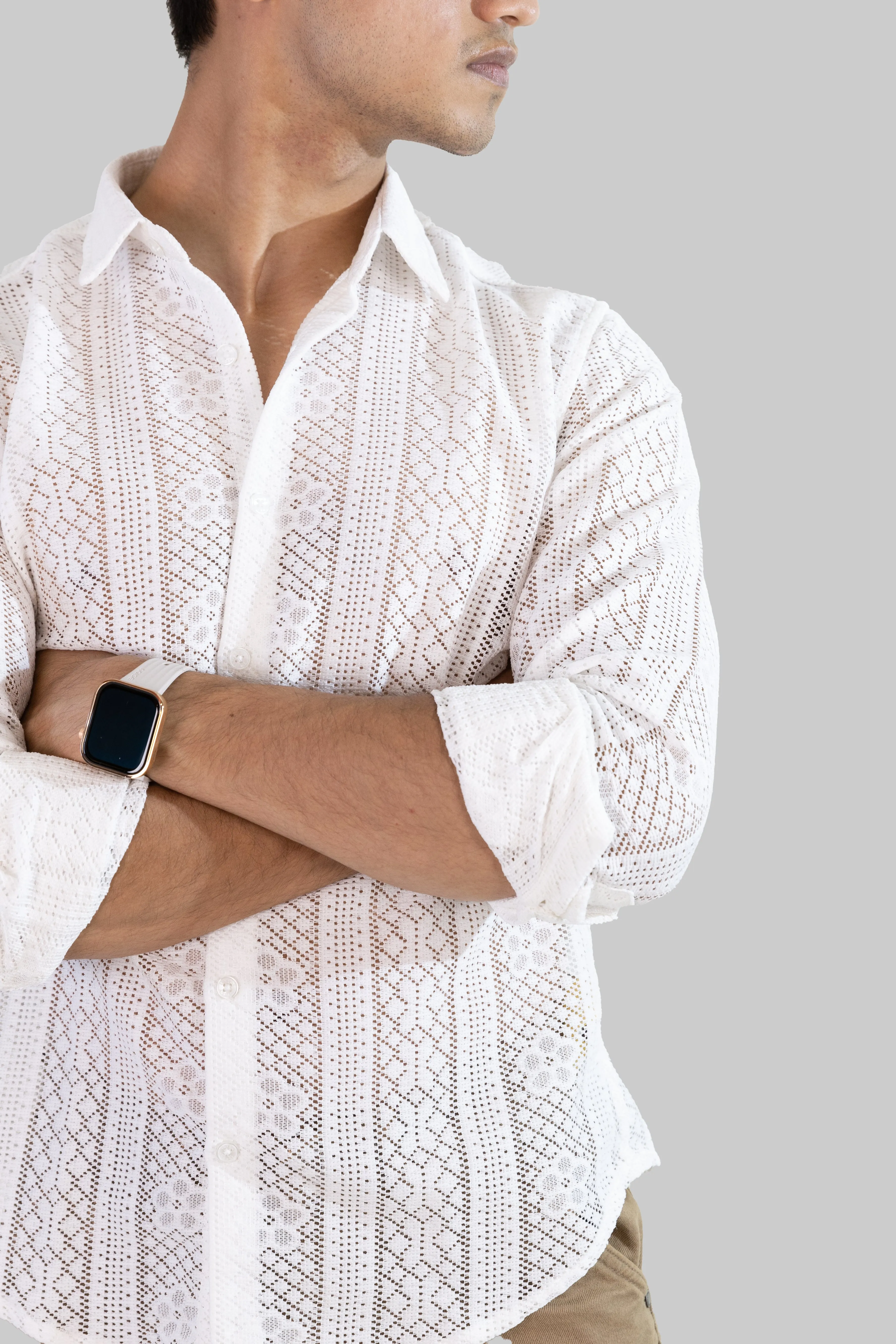 Net Weave Knitted Shirt - White