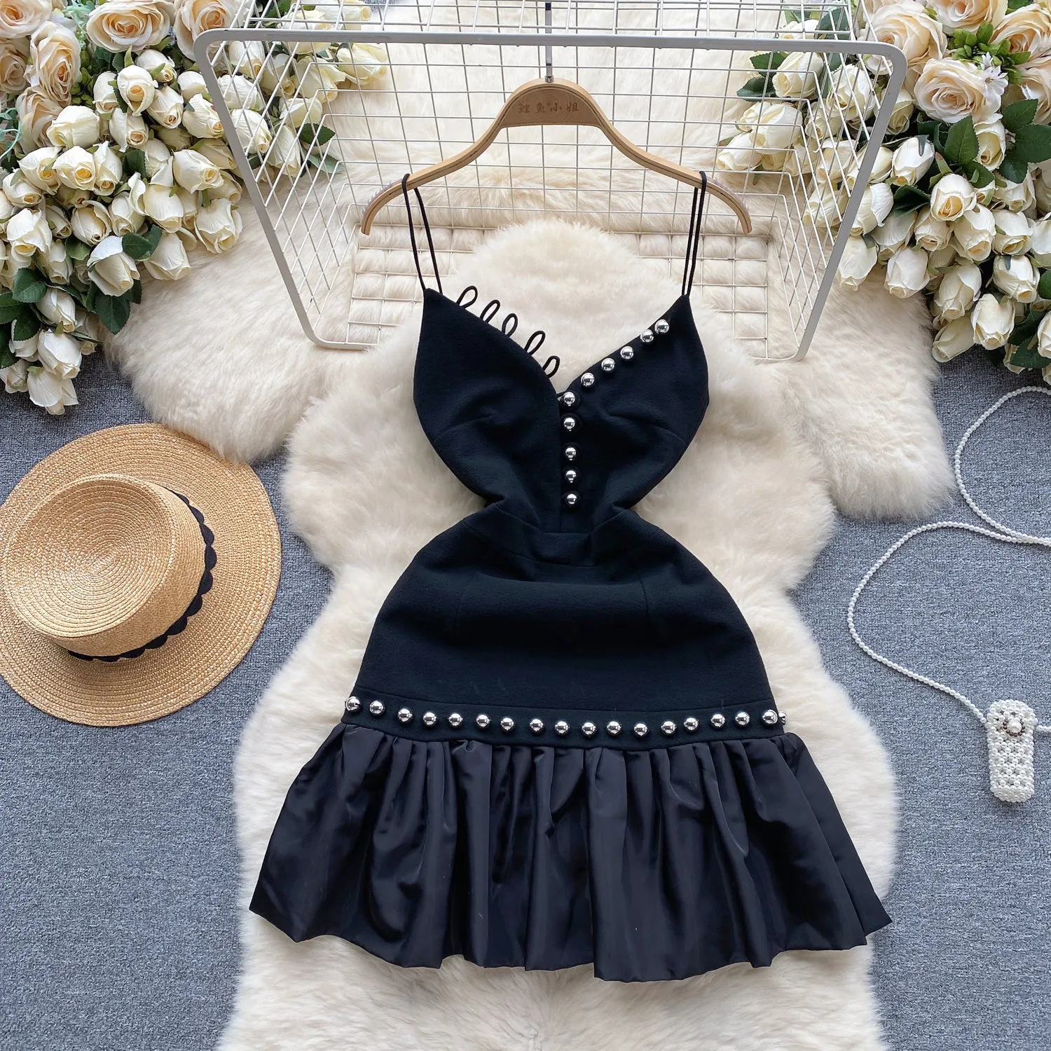Niche Beaded Black Slip Dress