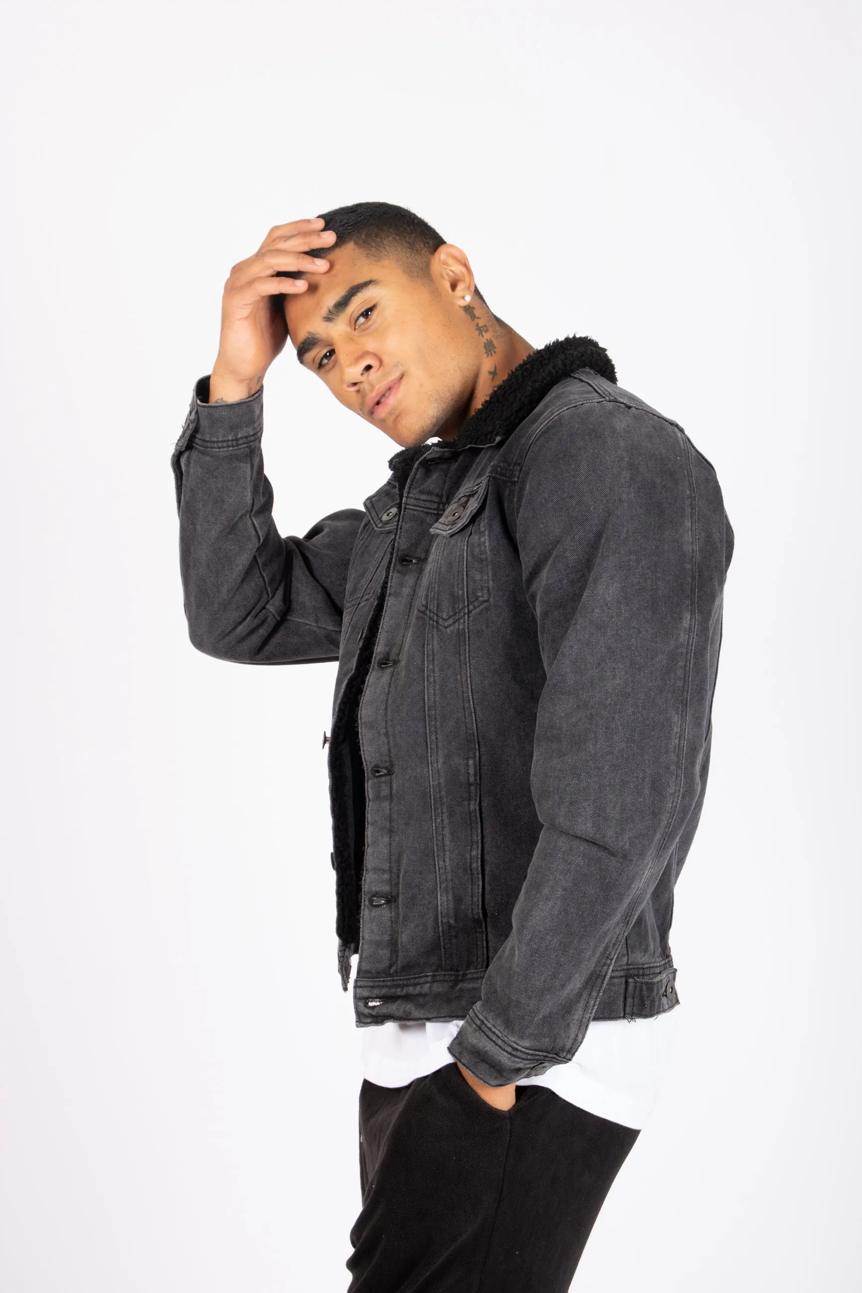 Norton Slim Fit Denim Jacket With Borg Collar In Washed Black