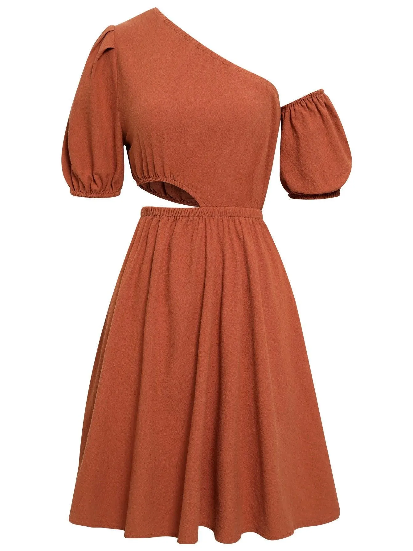 Oblique Collar Hollow Solid Color Waist Dress