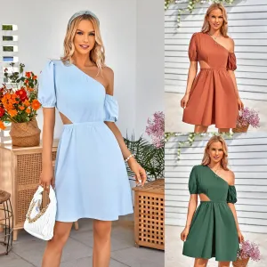 Oblique Collar Hollow Solid Color Waist Dress
