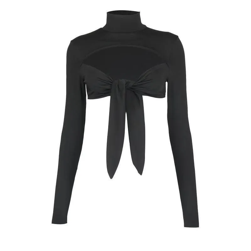 Open-back High-necked Front Chest Tie Cutout Solid Color Long-sleeved Crop Top