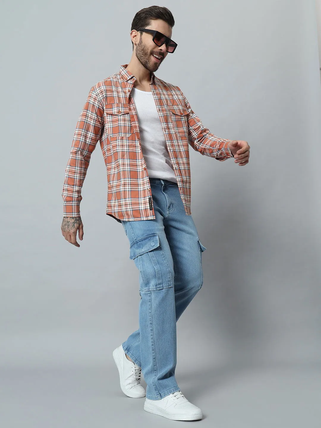 ORANGE-WHITE CHECK TWILL SHIRT